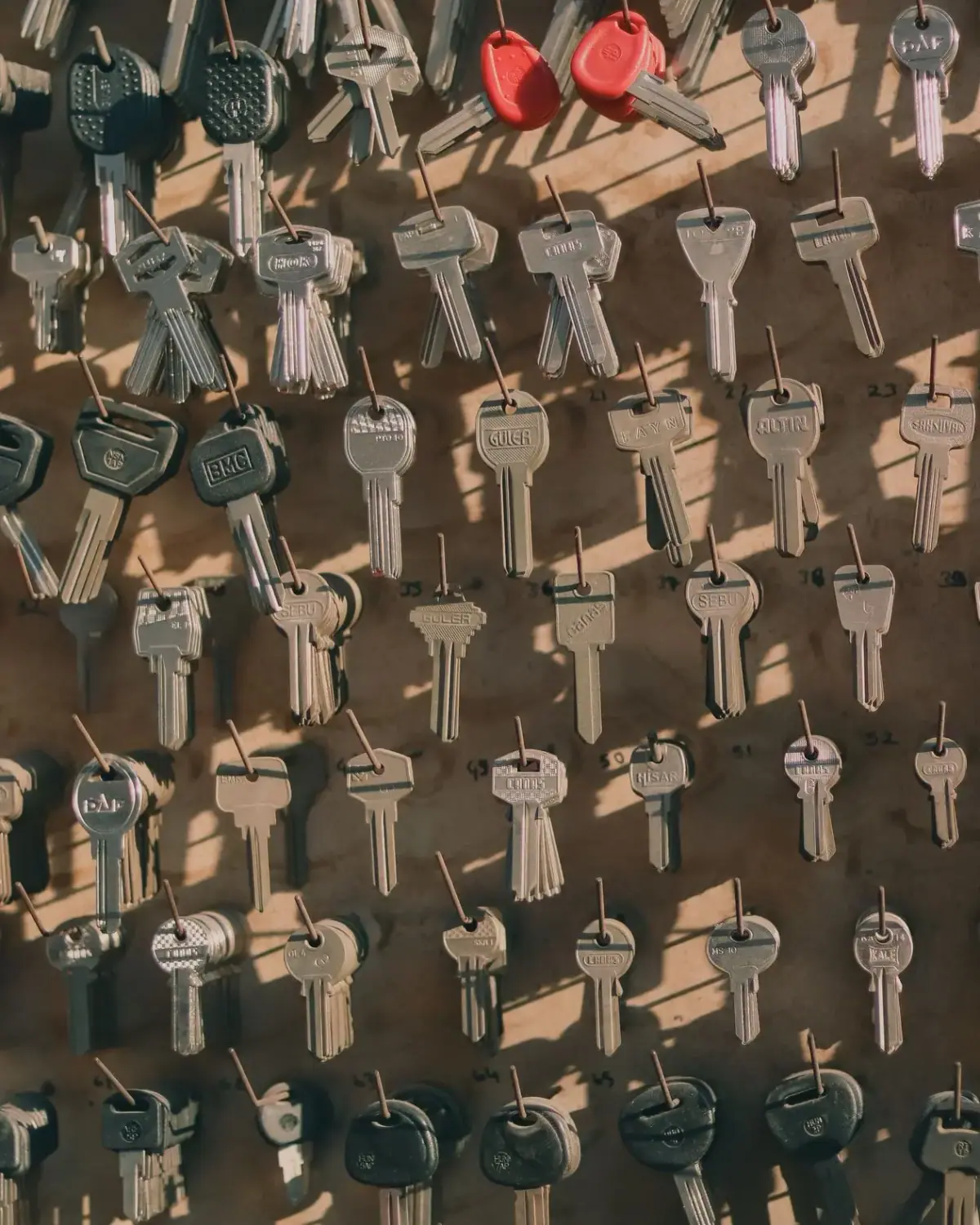 Wall of key blanks at a Costa Mesa locksmith