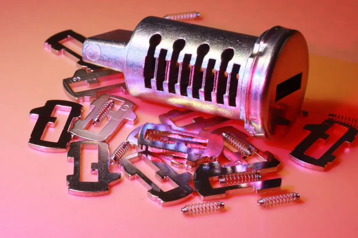 Lock cylinder and pins during a broken key extraction in Costa Mesa